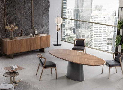 Luxury dining room set: dining table with modern designs, 6 chairs, and 2 coffee tables.